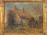 un tableau représentant une maison au toit de chaume, dans un cadre doré