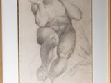 framed drawing of a seated man holding a phone in his right hand