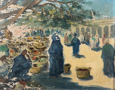 une peinture représentant un groupe de personnes marchant dans une rue