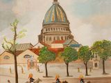 une peinture à l'huile représentant des personnes à cheval devant un bâtiment
