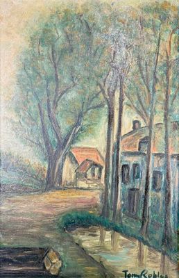 Tony ROBLES (XX°) L'entrée du village Huile sur panneau sign…