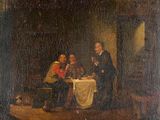 peinture d'un groupe de personnes assises autour d'une table dans une pièce