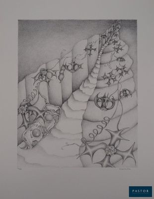 dessin au crayon représentant un paysage désertique avec des cactus et des rochers
