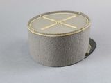 a gray hat with a gold ribbon on it