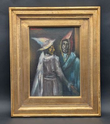 un tableau représentant une femme en robe blanche et un homme en costume bleu