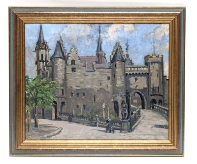 an oil painting of a castle in a gold frame on a white wall