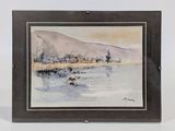 aquarelle encadrée représentant un paysage avec une rivière et des arbres