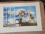 a picture of a painting of a vase of flowers on a table