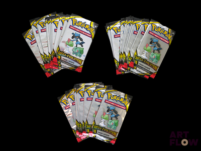 four packs of pokemon trading cards are shown on a black background