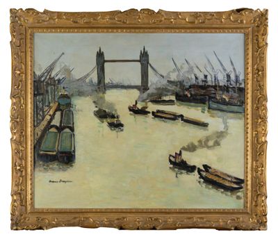 tableau représentant un tableau de bateaux sur une rivière, avec un pont en arrière-plan