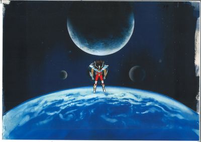an image of a painting of a man riding a horse over a blue planet