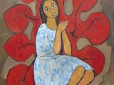 an oil painting of a woman sitting on a red chair