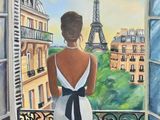 painting of a woman in a white dress looking out a window at the eiffel tower