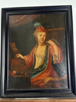 painting of a woman playing a musical instrument on a mantle