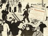 illustration of a crowd of people walking down a street with a sign