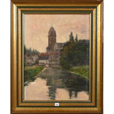 une peinture à l'huile représentant une rivière avec une église en arrière-plan