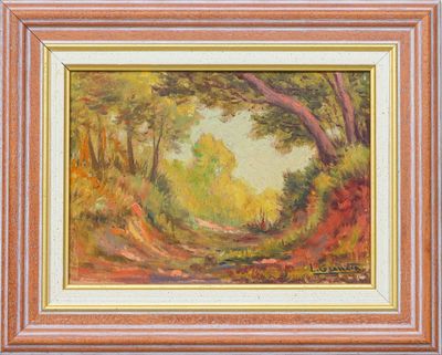 an oil painting of a forest scene with a path in the foreground