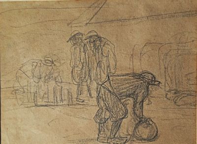 dessin représentant un homme poussant une brouette, avec une charrette au premier plan