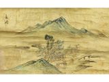 an image of a painting of a mountain with a tree in the foreground