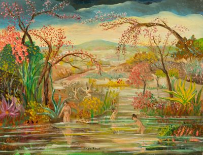 a painting of a man wading in a river