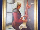 tableau représentant une femme tenant un morceau de viande devant une fenêtre