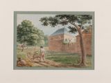 painting of a man plowing a field with a horse and a cart