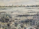 painting of a view of a marsh with a few trees in the background