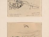 two drawings of people walking on a beach near a plane
