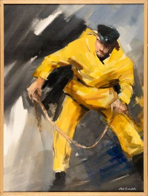 painting of a man in a yellow rain suit holding a rope
