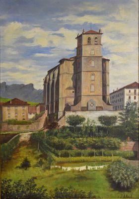 tableau représentant une église de village avec un champ vert devant