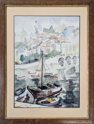 framed watercolor painting of a boat in a harbor with a castle in the background