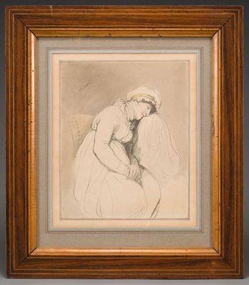 a drawing of a woman sitting on a chair in a room