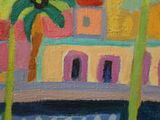 an oil painting of a palm tree in front of a colorful building