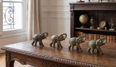 cinq éléphants posés sur une table devant une bibliothèque