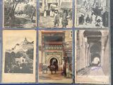 several old photographs of people and buildings in a blue frame