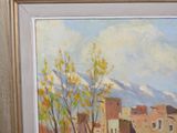 a picture of a painting of a town with a mountain in the background