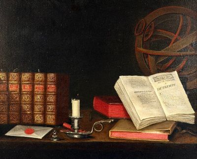 un tableau représentant une table avec des livres, une bougie et un bougeoir