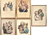 four framed prints of children holding babies in their arms, one of which is holding a baby