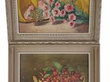 two paintings of flowers and fruit in a basket on a table
