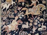 a black rug with a picture of animals and people on it