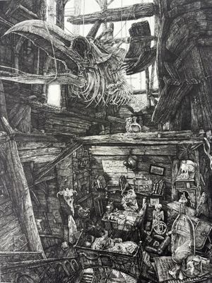 une image représentant un dessin d'un salon avec une cheminée et de nombreux meubles