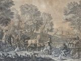 a painting of a group of people with horses and dogs
