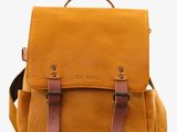a yellow backpack on a white background with a brown handle