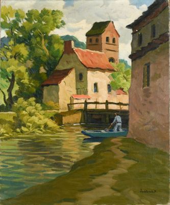painting of a man in a boat on a river next to a building