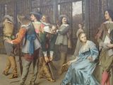 a painting of a group of people standing around a building