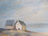 a painting of a house on the beach with a bird flying in the sky