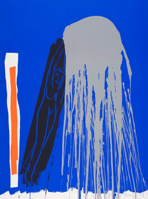 an image of a blue painting with a red tube and a blue background