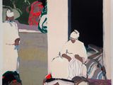 tableau représentant une femme assise sur un canapé devant un tableau représentant un homme