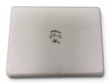 a white laptop with a picture of a sheep on the screen