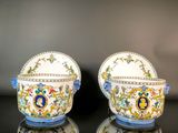 pair of blue and white porcelain bowls with handles and handles